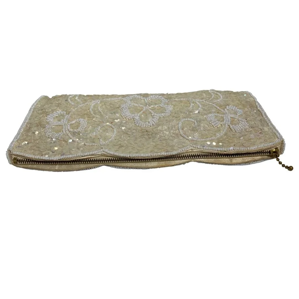 La Regale Vintage Ivory Beaded Sequin Floral Evening Clutch Purse With Box